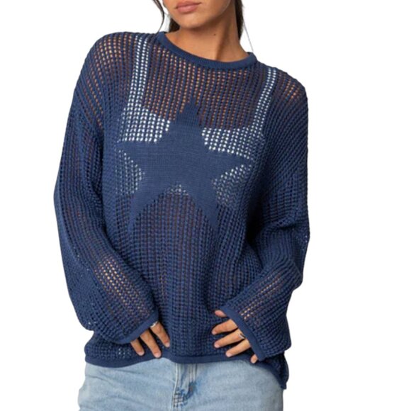 NEW EDIKTED STAR CROCHET KNIT BLUE SWEATER SHEER GRANOLA INDIE RESORT SMALL - Picture 2 of 7